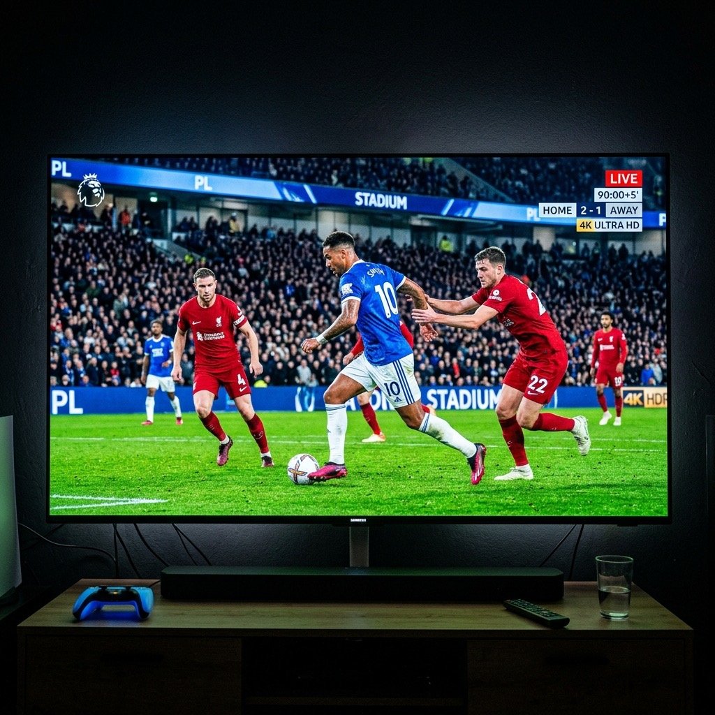 Close-up of 4K TV showing football using UK IPTV