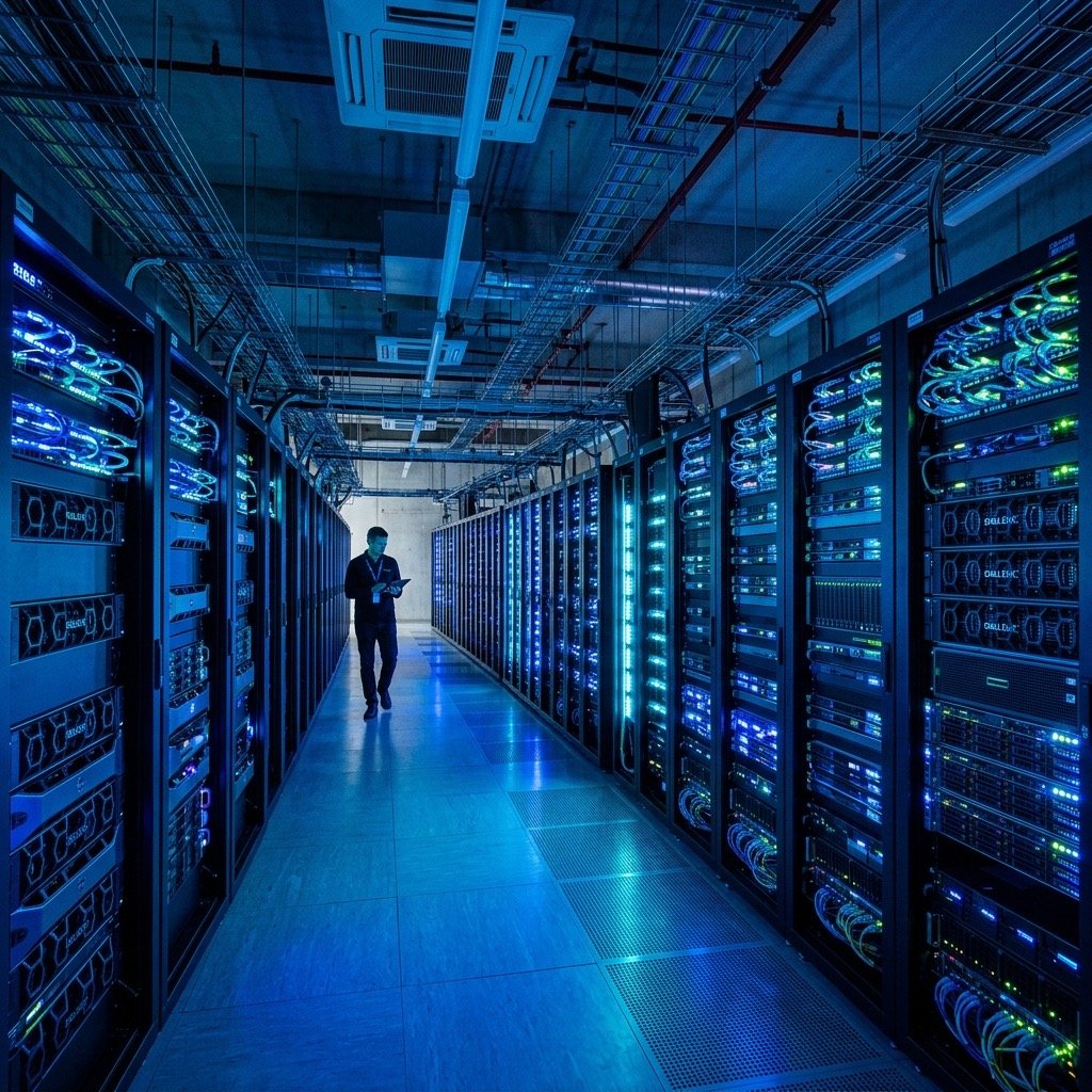 High-tech server infrastructure of the best iptv provider uk featuring glowing neon lights