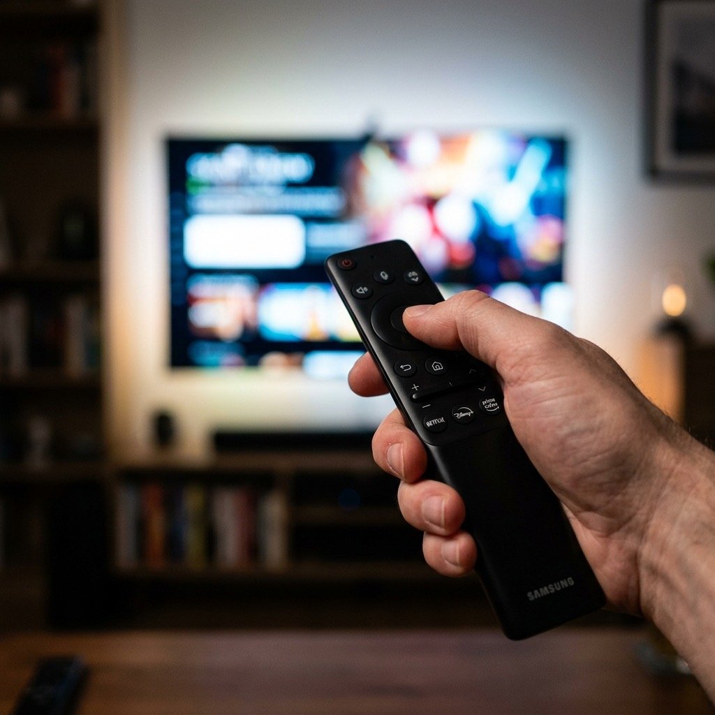 Person using remote control to navigate streaming app interface